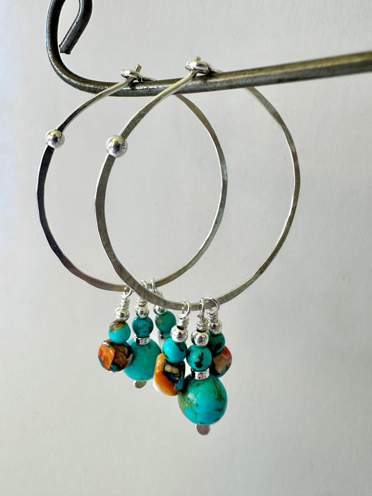 Kingman Turquoise & Mixed Kingman Beads on Silver Hammered Hoop Earrings