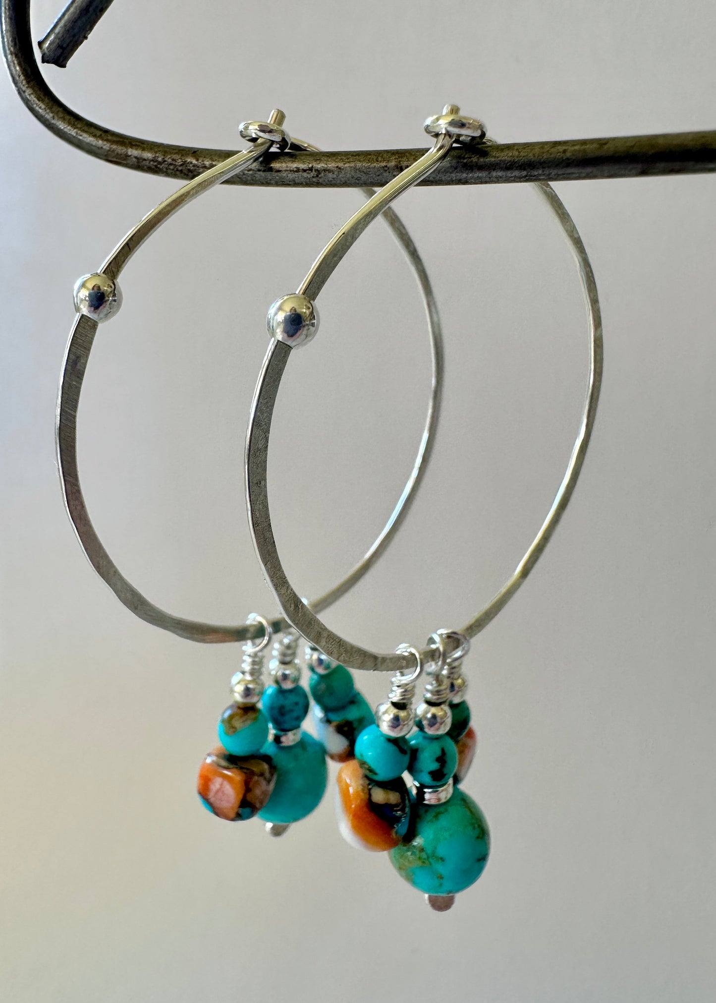 Kingman Turquoise & Mixed Kingman Beads on Silver Hammered Hoop Earrings