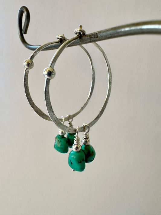 Turquoise on Small Silver Hammered Hoop Earrings