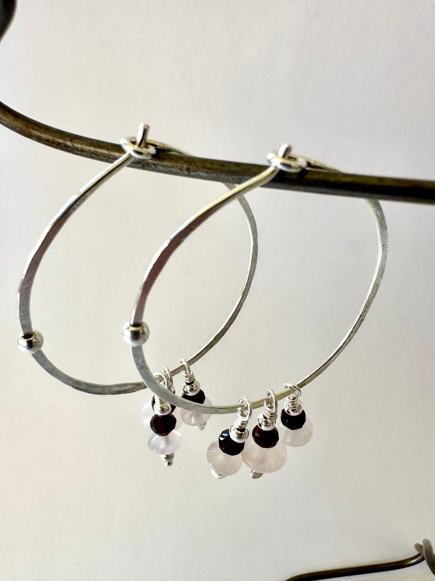 Silver Hammered Hoop Earrings with Rose Quartz & Garnets