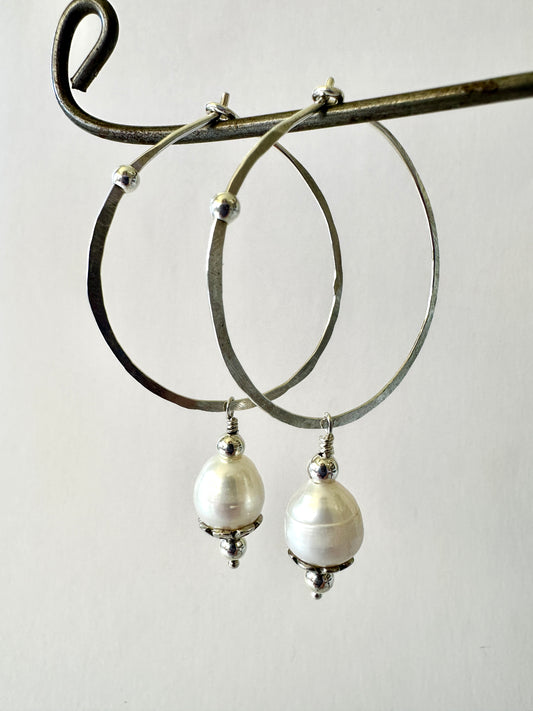 Silver Hammered Hoop Earrings ~ White Pearls