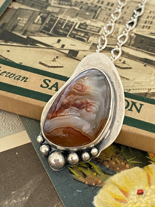 California Fire Agate Necklace With Silver Spheres on a 18" Sterling Chain