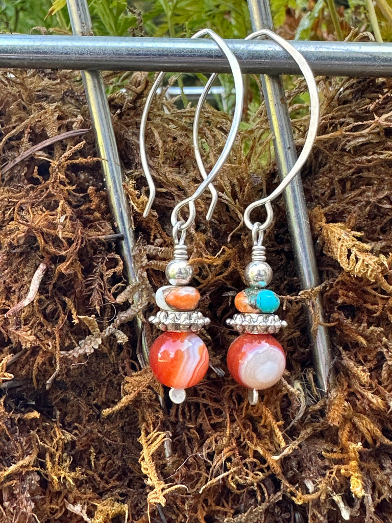 Banded Carnelian Agate with Kingman Turquoise Mixed Bead Earrings on Silver Almond Ear-wire Earrings