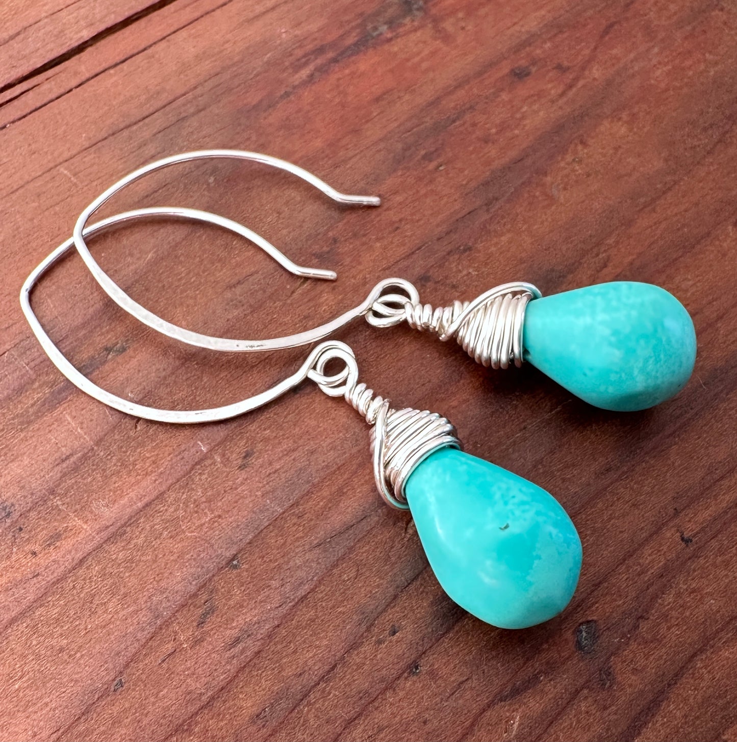 Teardrop Turquoise Wire Wrapped Earrings on Almond Shaped Silver Ear Wires