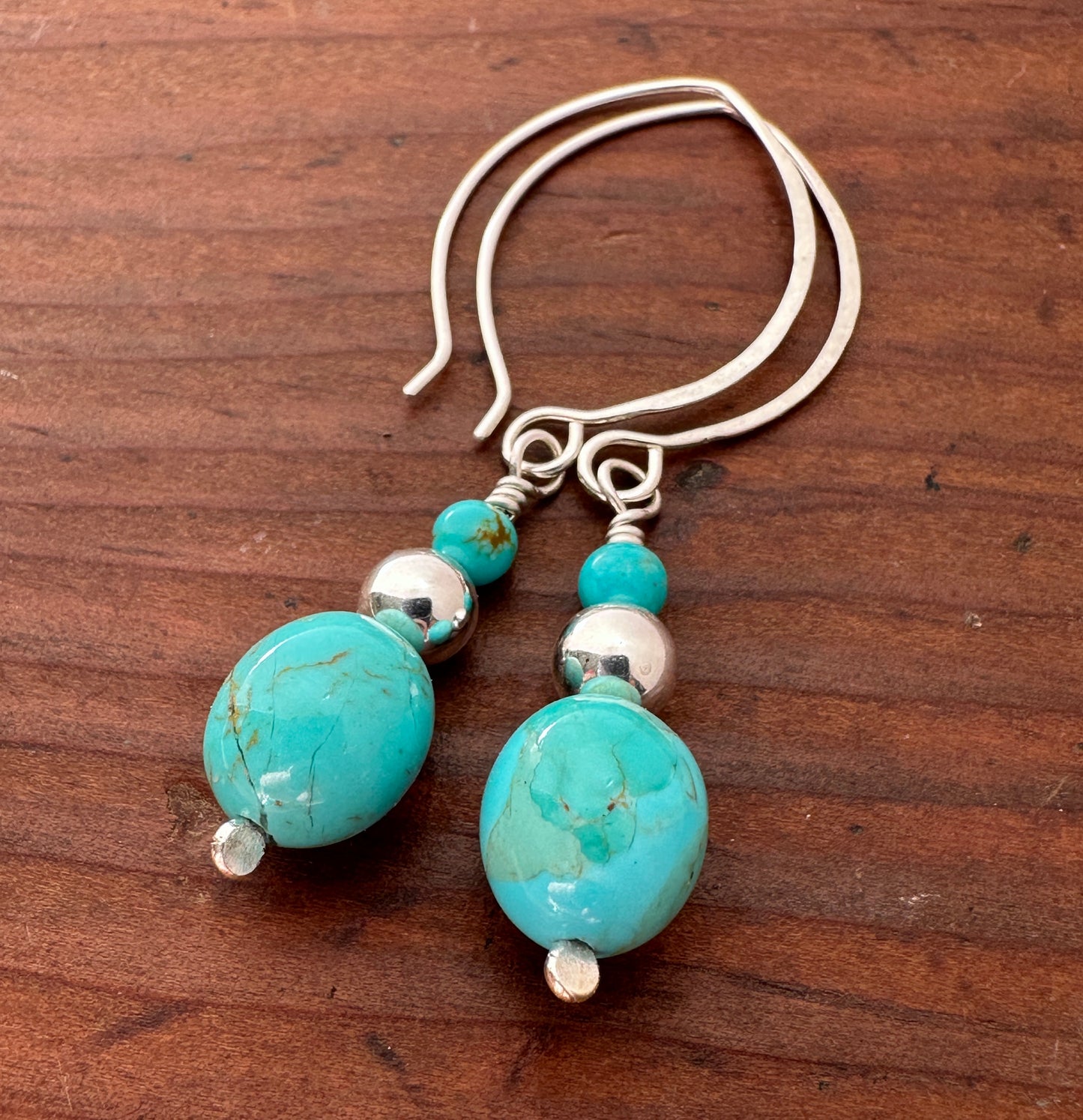 Drop of  Kingman Turquoise with Silver Bead on Almond Shaped Silver Ear Wire Earrings
