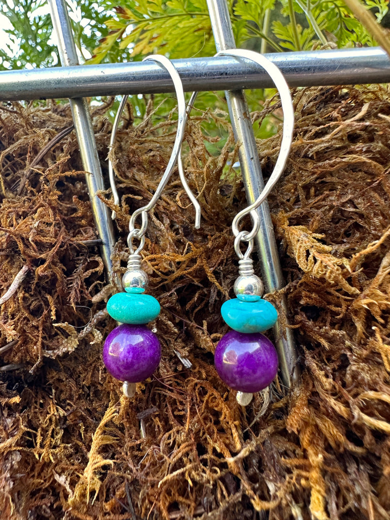 Sugilite with Turquoise Earrings on Almond Shaped Sterling Silver  Ear Wires