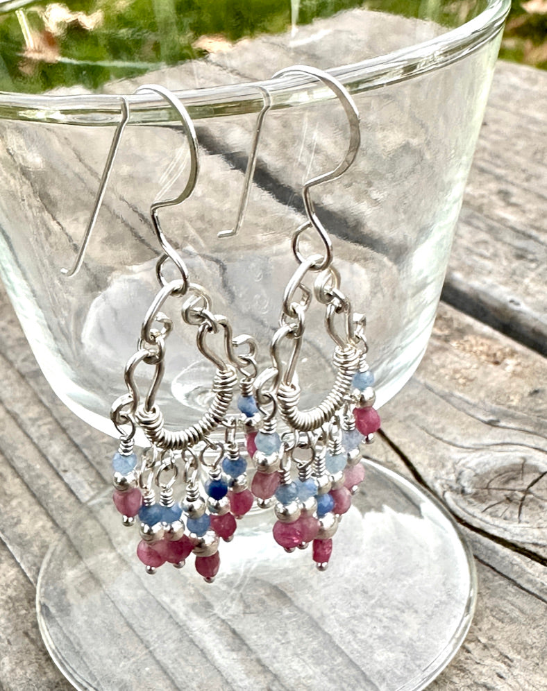 Small Pink Turmaline & Blue Kyanite Gypsy Chandelier Earrings All Silver All handmade