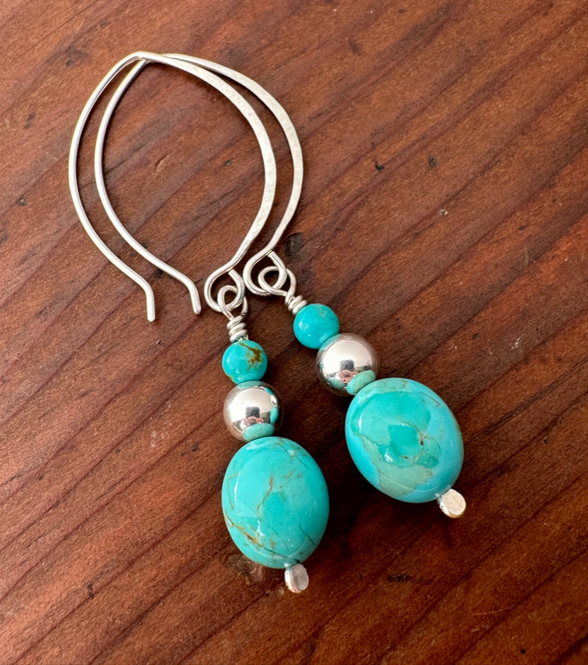 Drop of  Kingman Turquoise with Silver Bead on Almond Shaped Silver Ear Wire Earrings