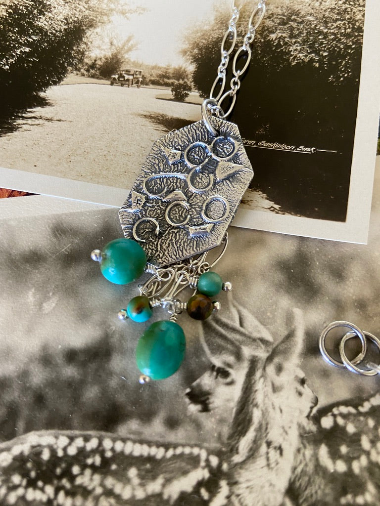 Calming Necklace with Hubei Turquoise Beads & Textured Silver All Handmade Reticulated Sterling