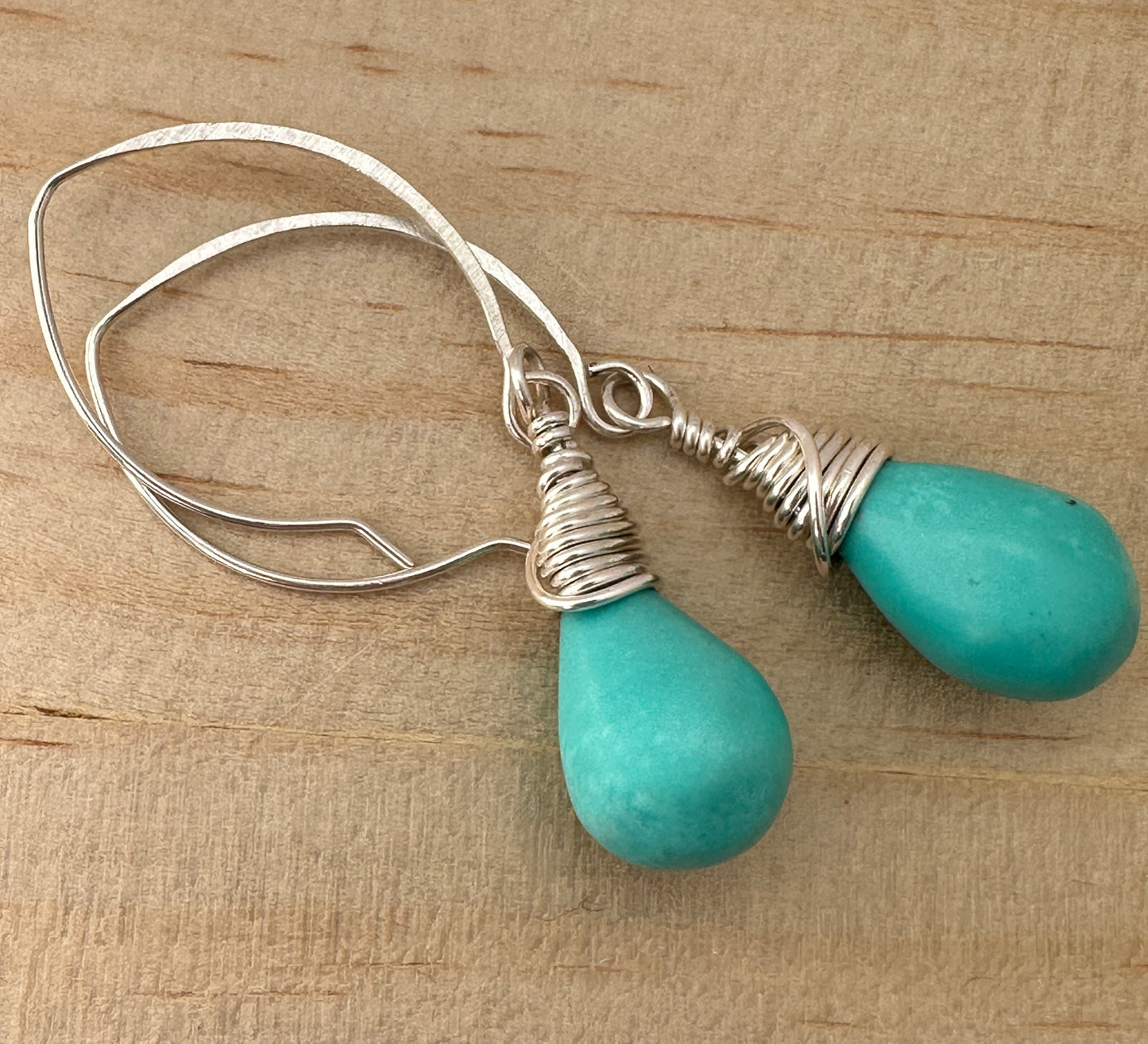 Teardrop Turquoise Wire Wrapped Earrings on Almond Shaped Silver Ear Wires