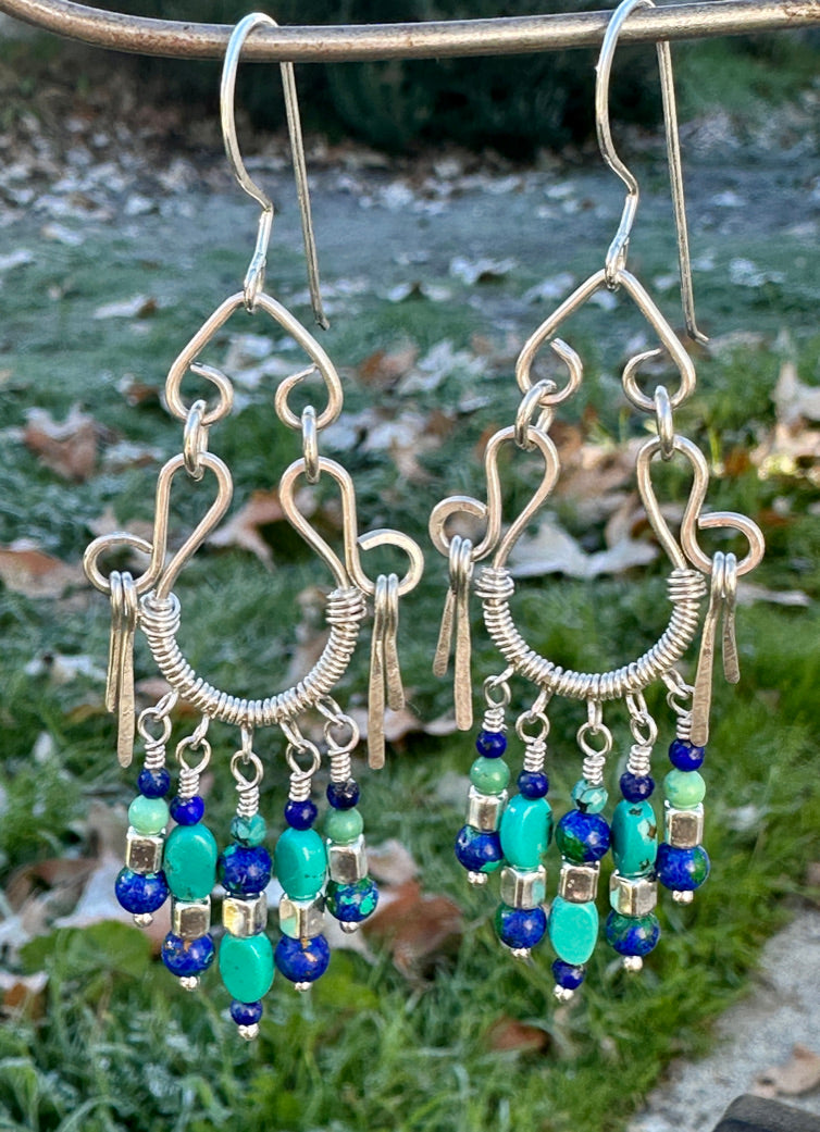 Small Azurite & Turquoise Gypsy Chandelier Earrings All Silver All Handmade