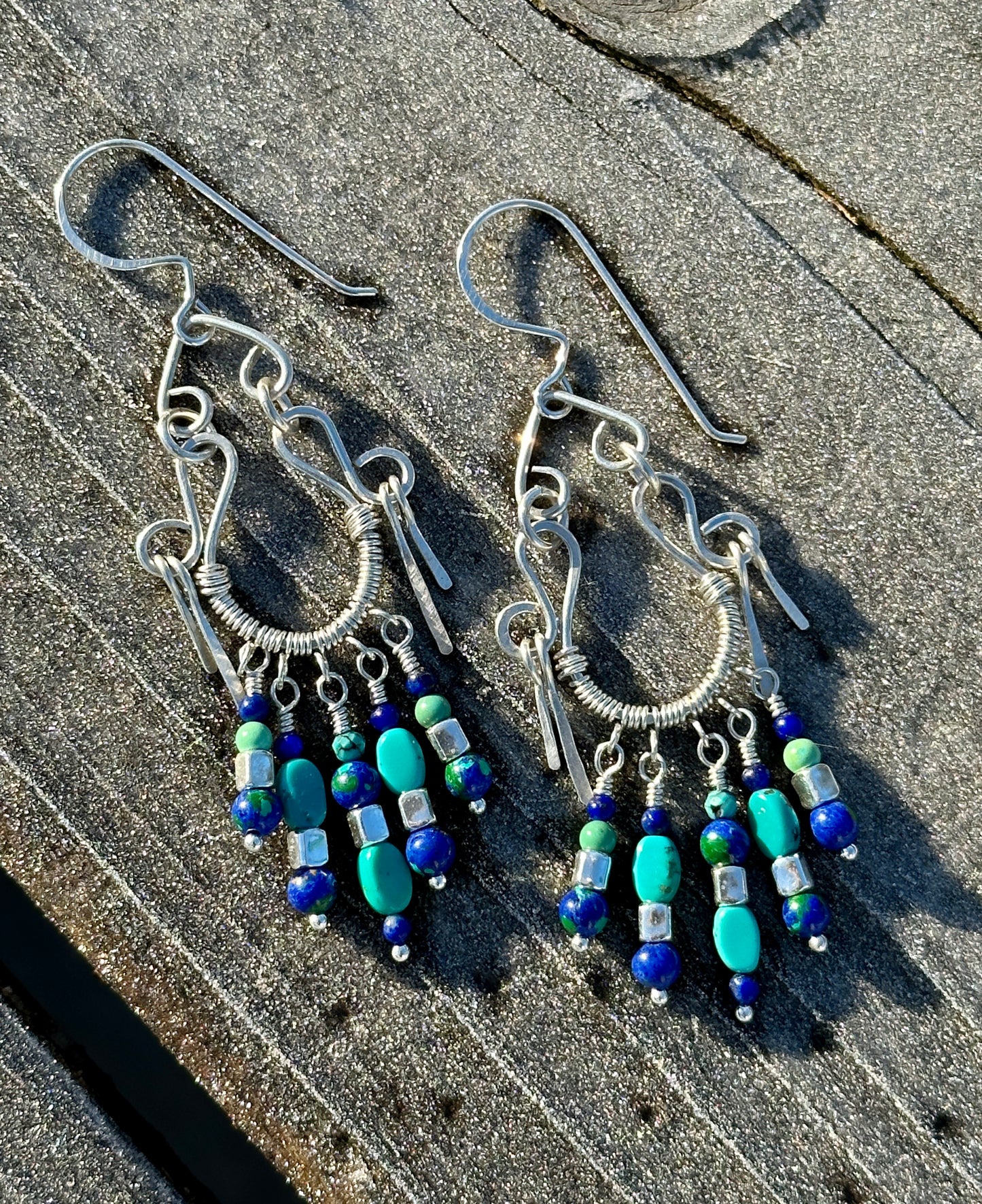 Small Azurite & Turquoise Gypsy Chandelier Earrings All Silver All Handmade