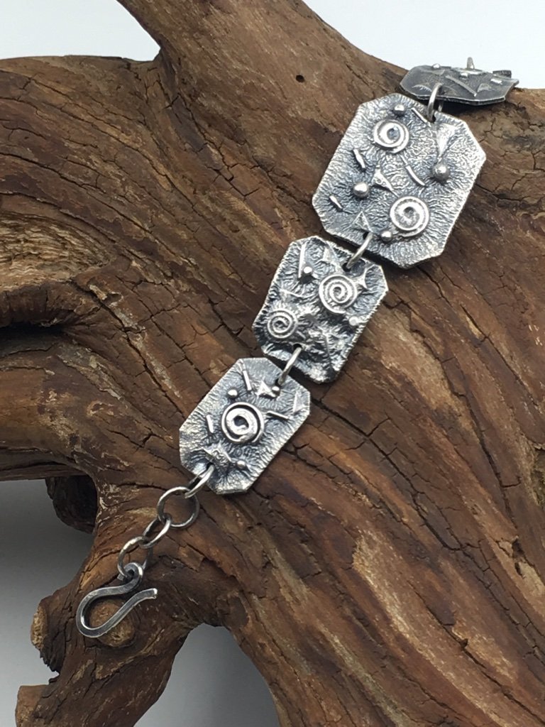 Textured Silver Bracelet Adjustable All Handmade Reticulated Sterling Size 7" Mothers On The Mountain Jewelry