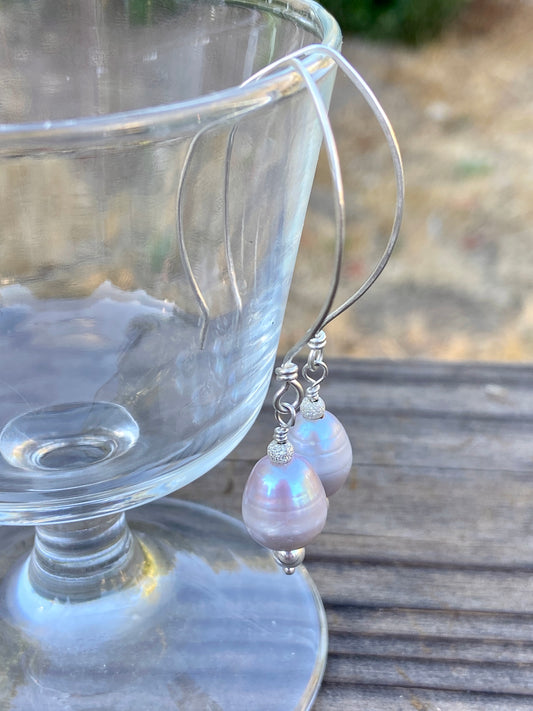 Natural Blue Pearl with Textured Bead on Almond Ear-Wires All Handmade