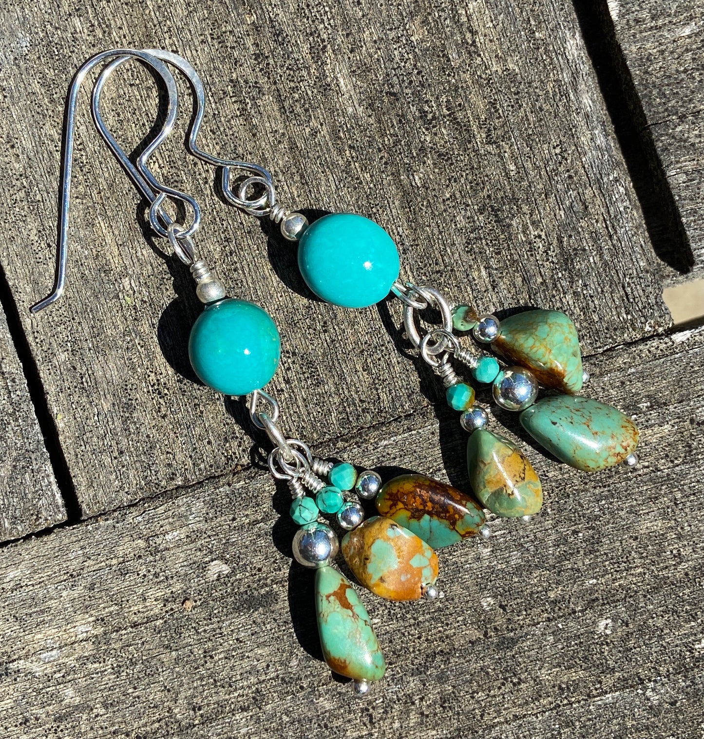 Kingman Turquoise & with a Tassel of Pilot Mountain Turquoise Earrings on Silver All Handmade