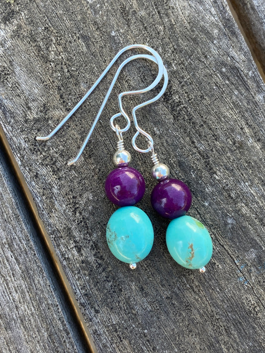 Purple Sugilite with Kingman Turquoise Earrings on Silver Wire