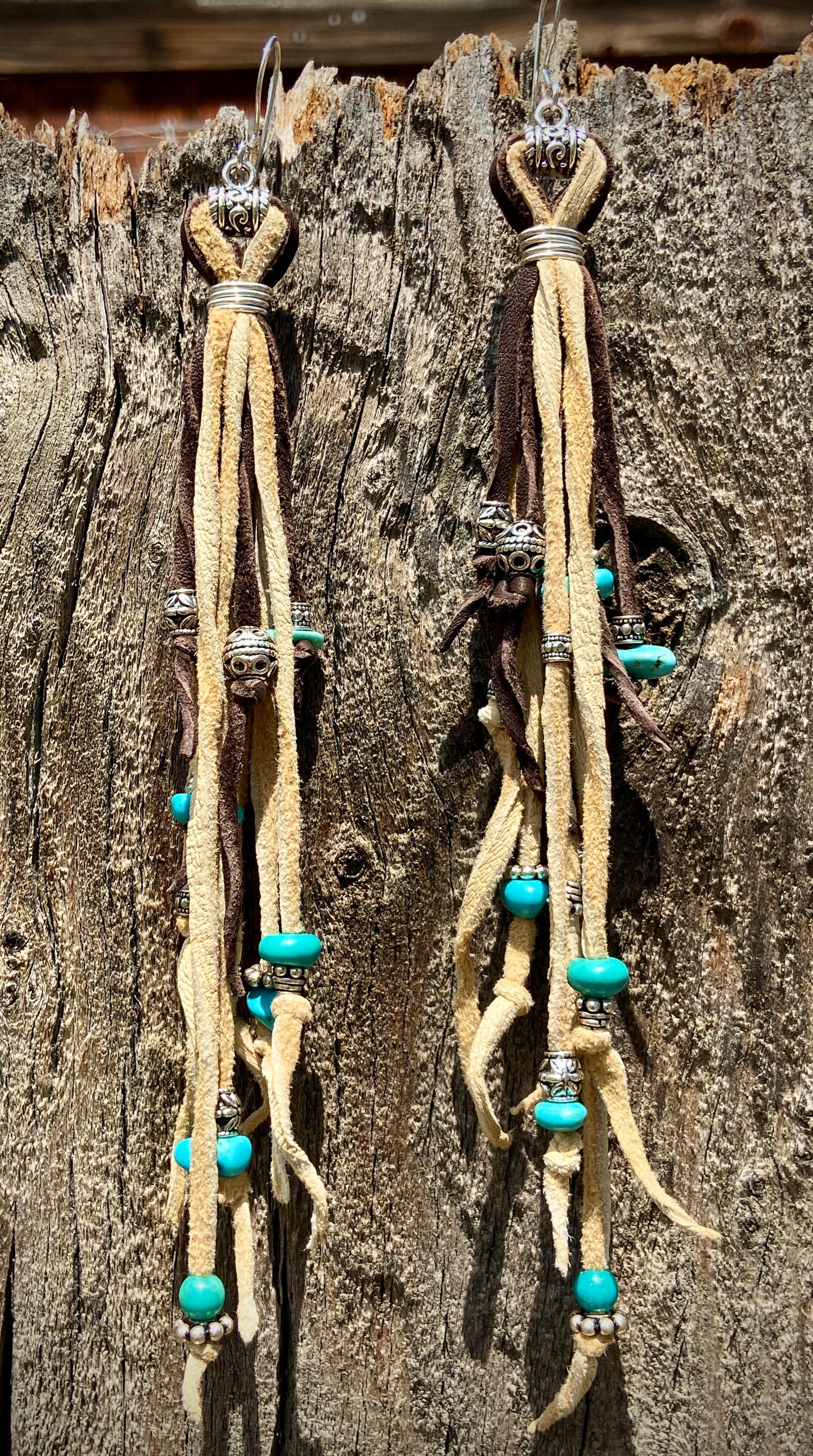 Leather & Turquoise Fringe Earrings -Brown & Cream Tassles