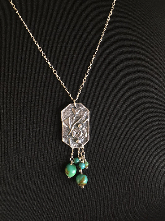 Silver Swirls and Bits Calming Necklace with Hubei Turquoise Beads & Textured Silver All Handmade Reticulated Sterling