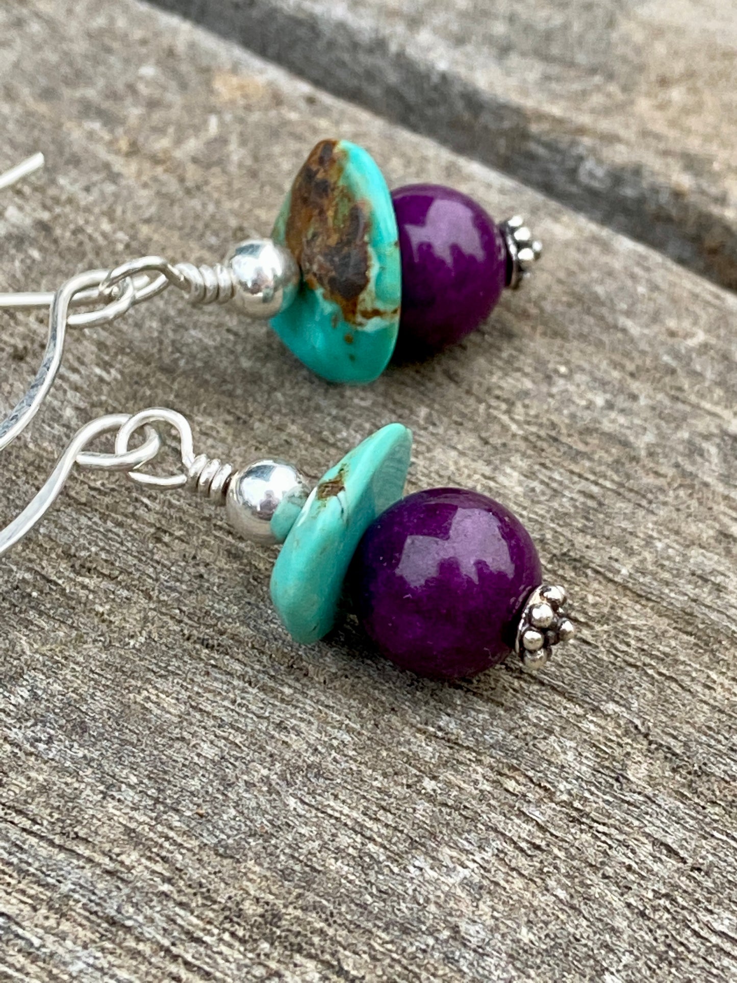 Hoop Wire Sugilite with Turquoise Earrings on Sterling Silver Wire
