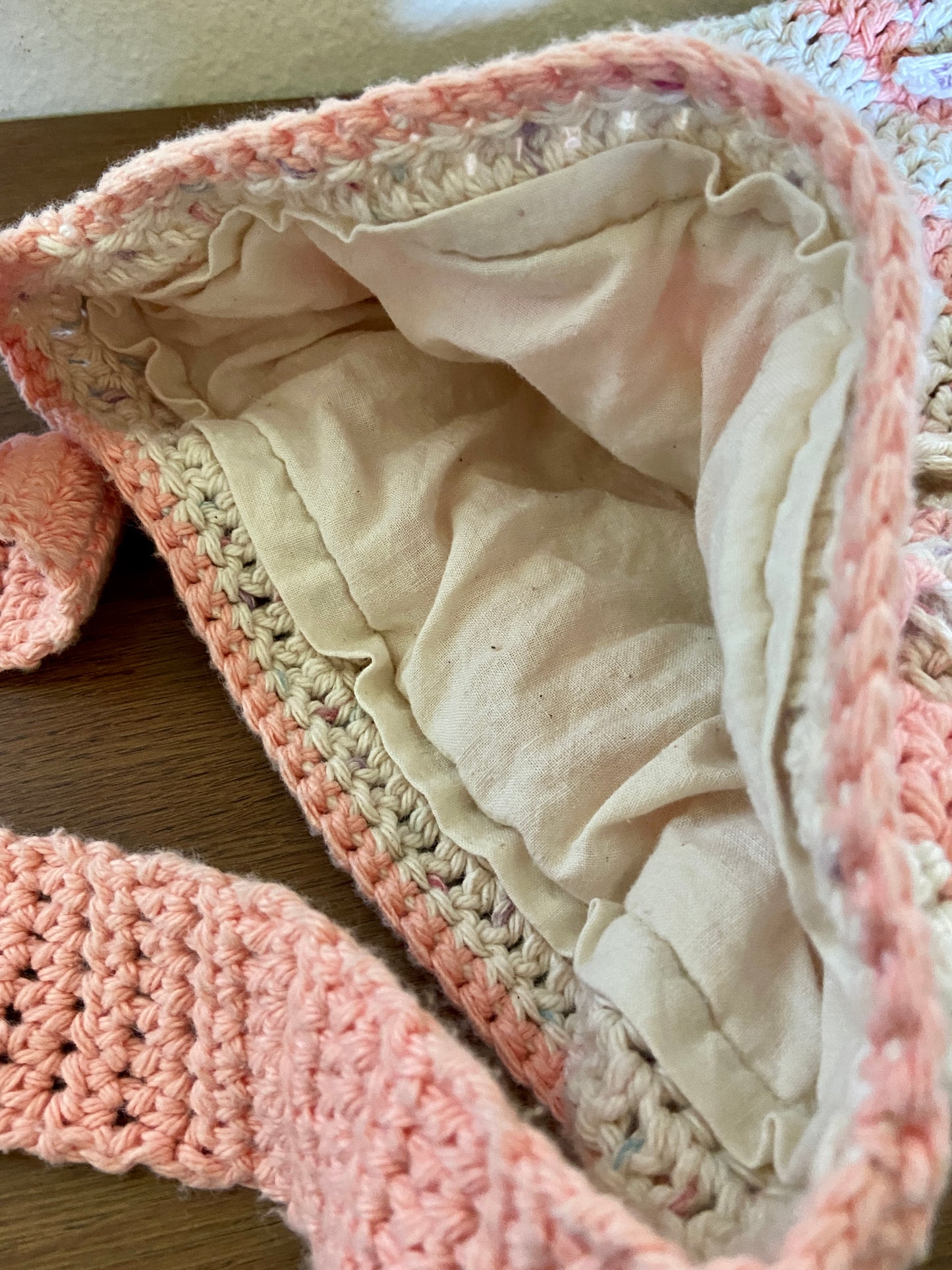 Crochet Drawstring Sling Bag~Peach & Ecru Cotton W/cotton liner -All Handmade
