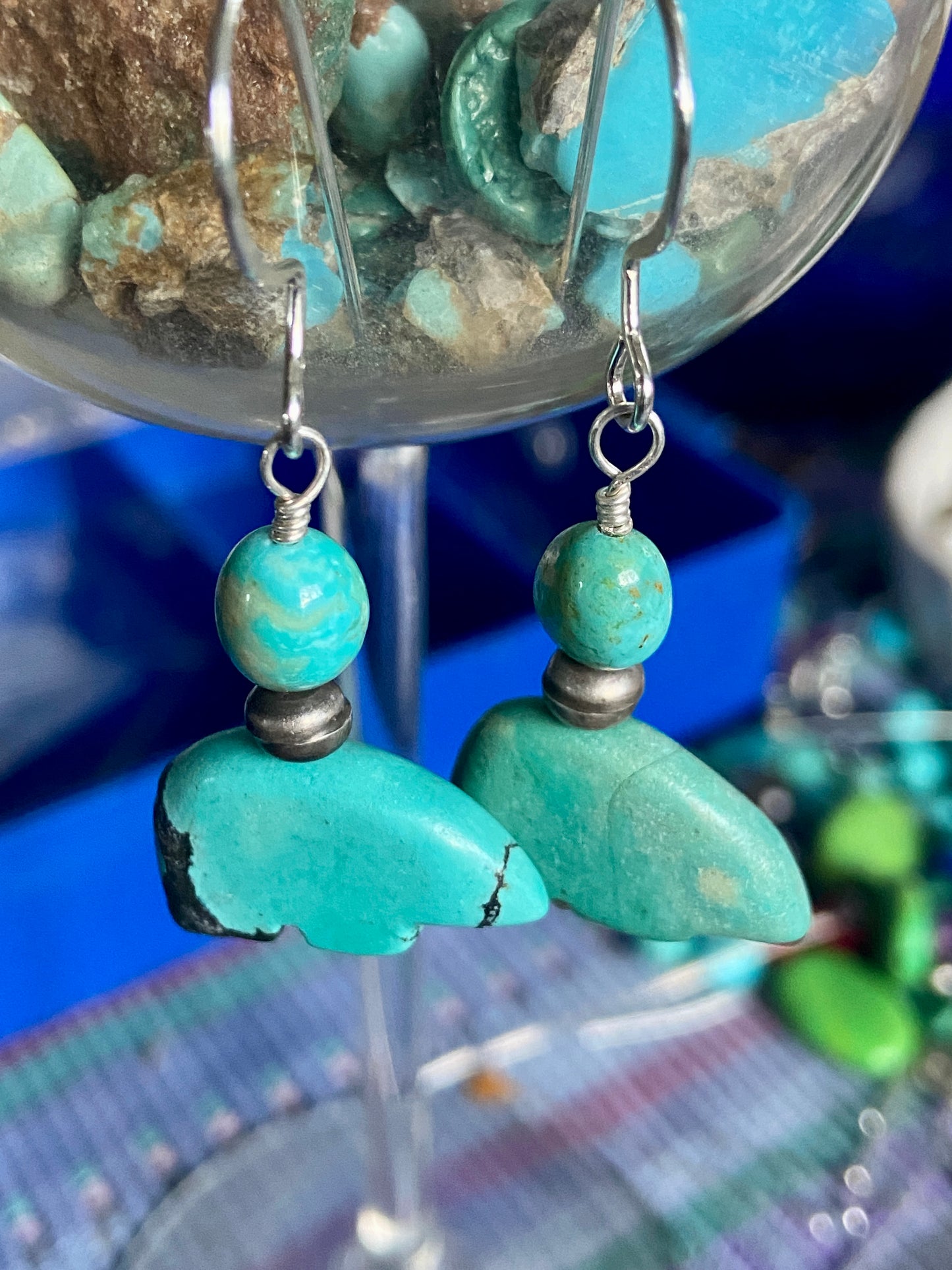 Turquoise Fetish Bear Earrings with  Kingman Turquoise beads on Silver wire All handmade