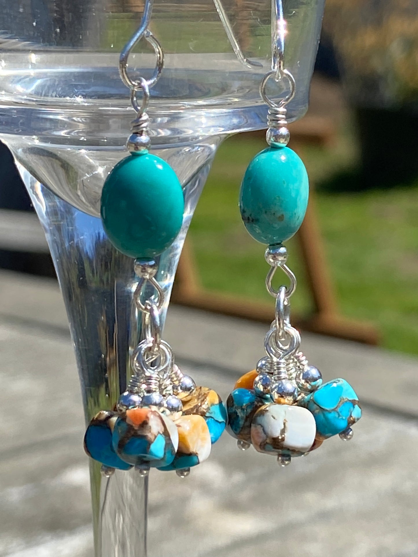 Kingman Turquoise & with a Tassel of Kingman Beads Earrings  (Turq, oyster shell & bronze) All Handmade
