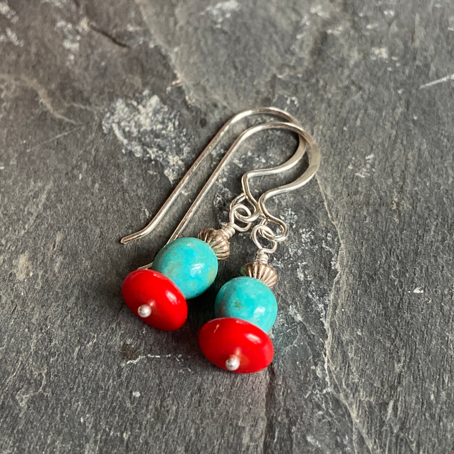 Red Coral & Kingman Turquoise Earrings on Sterling Silver All Handmade