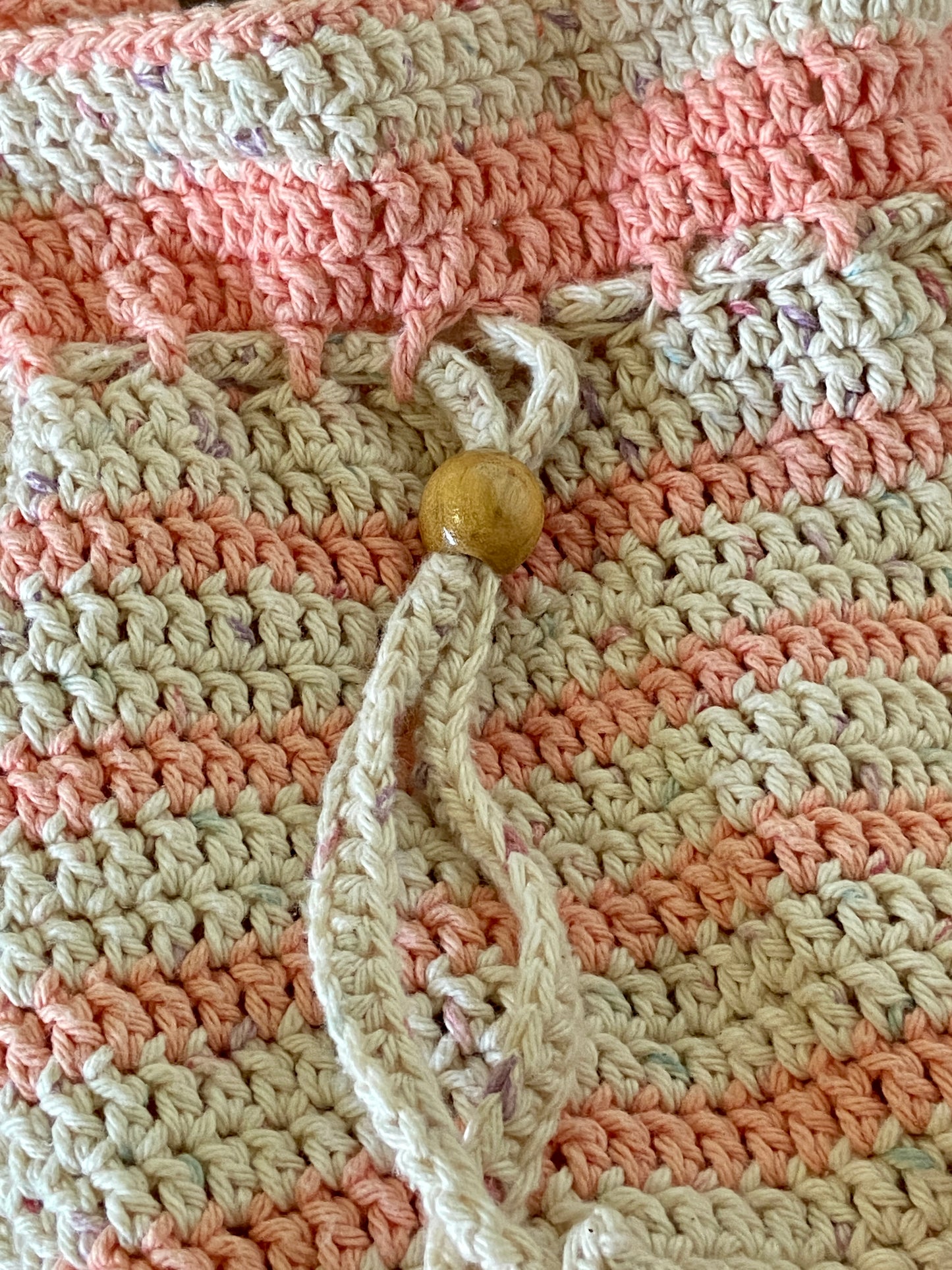 Crochet Drawstring Sling Bag~Peach & Ecru Cotton W/cotton liner -All Handmade