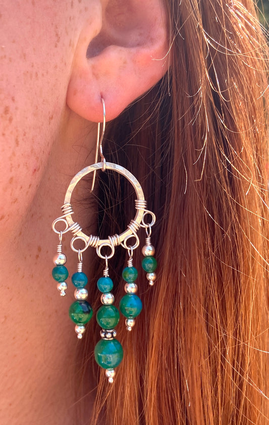 Chrysocolla & Silver Gypsy  Beaded Hoop Earrings