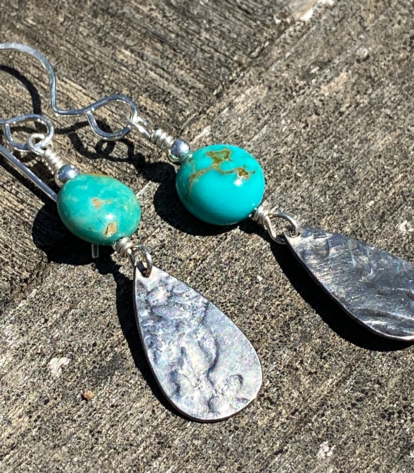 Kingman Turquoise & Textured Silver Teardrop Earrings All Handmade