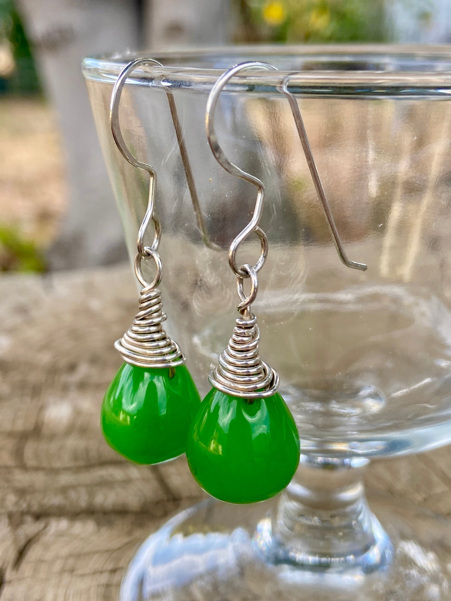 Apple Chrysoprase Wire Wrapped Earrings on Silver wire