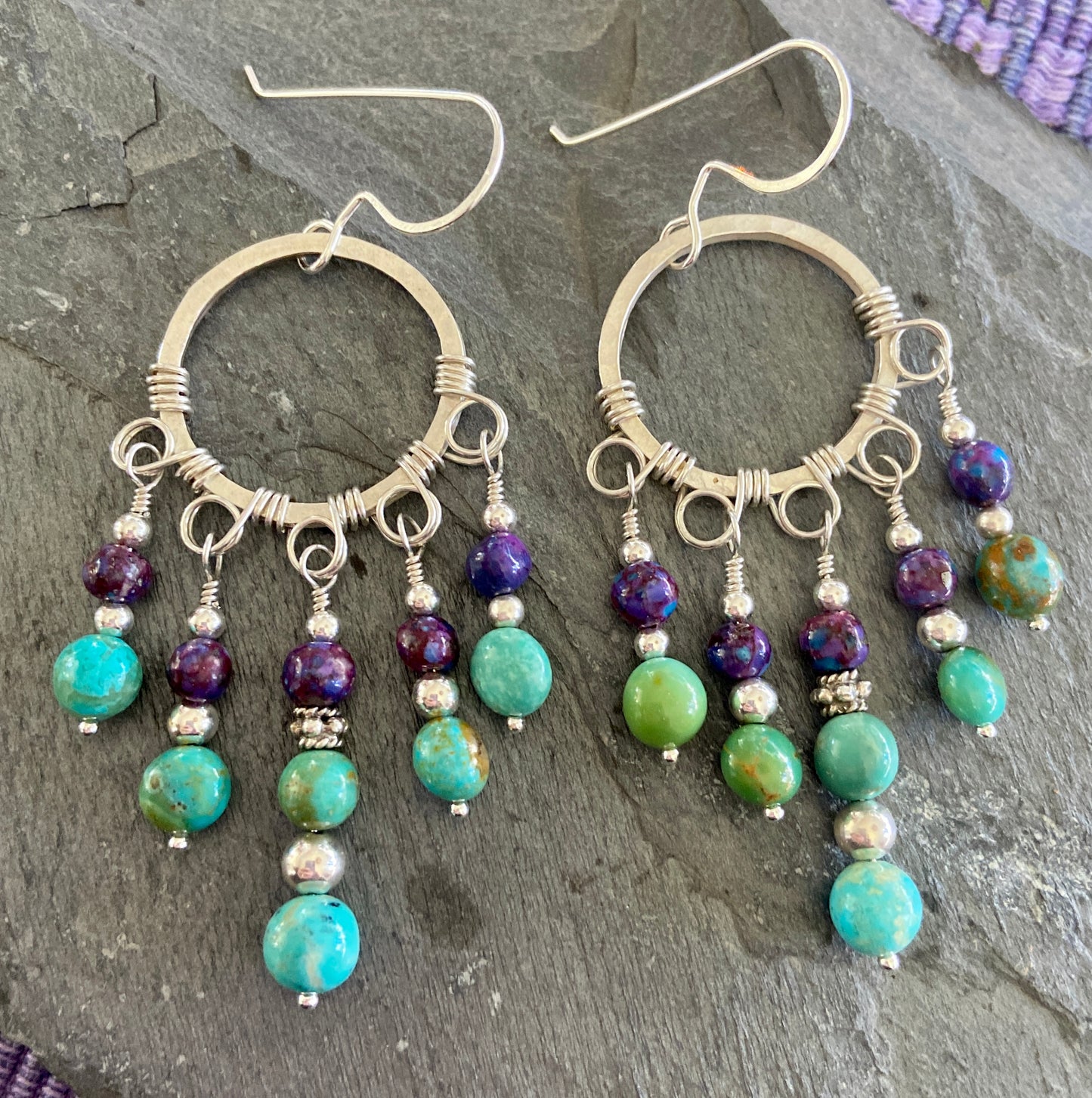 Turquoise & Purple Mohave Turquoise Gypsy  Beaded Hoop Earrings
