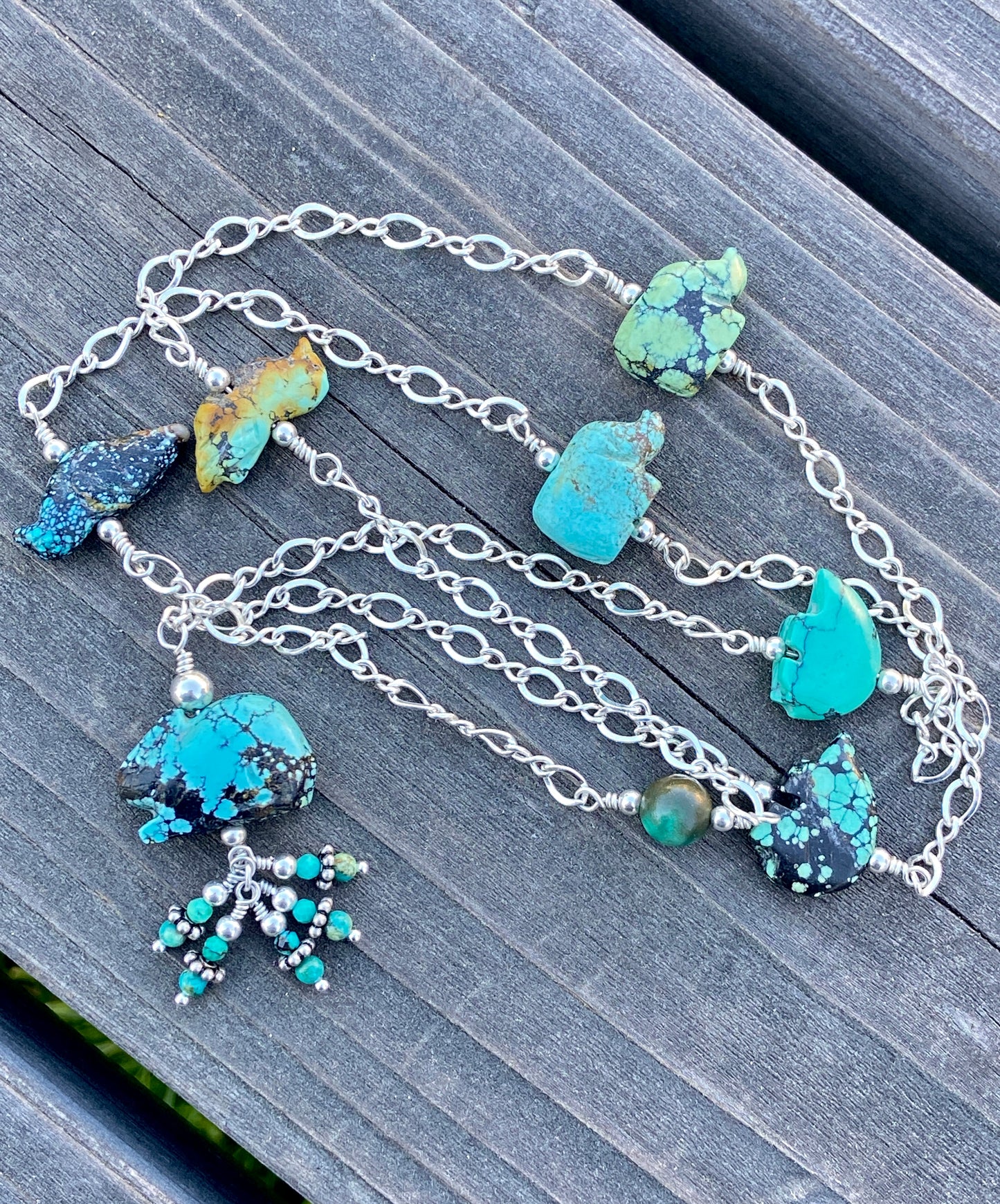 Turquoise Fetish Animal Silver Chain Necklace & Earring Set