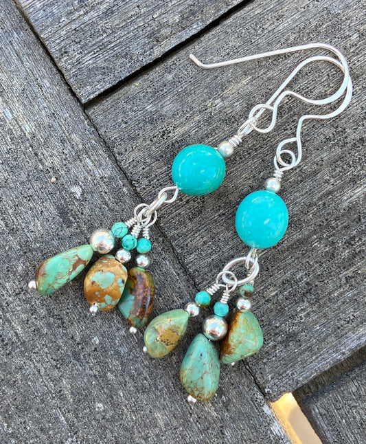 Kingman Turquoise & with a Tassel of Pilot Mountain Turquoise Earrings on Silver All Handmade