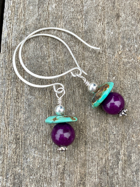 Hoop Wire Sugilite with Turquoise Earrings on Sterling Silver Wire