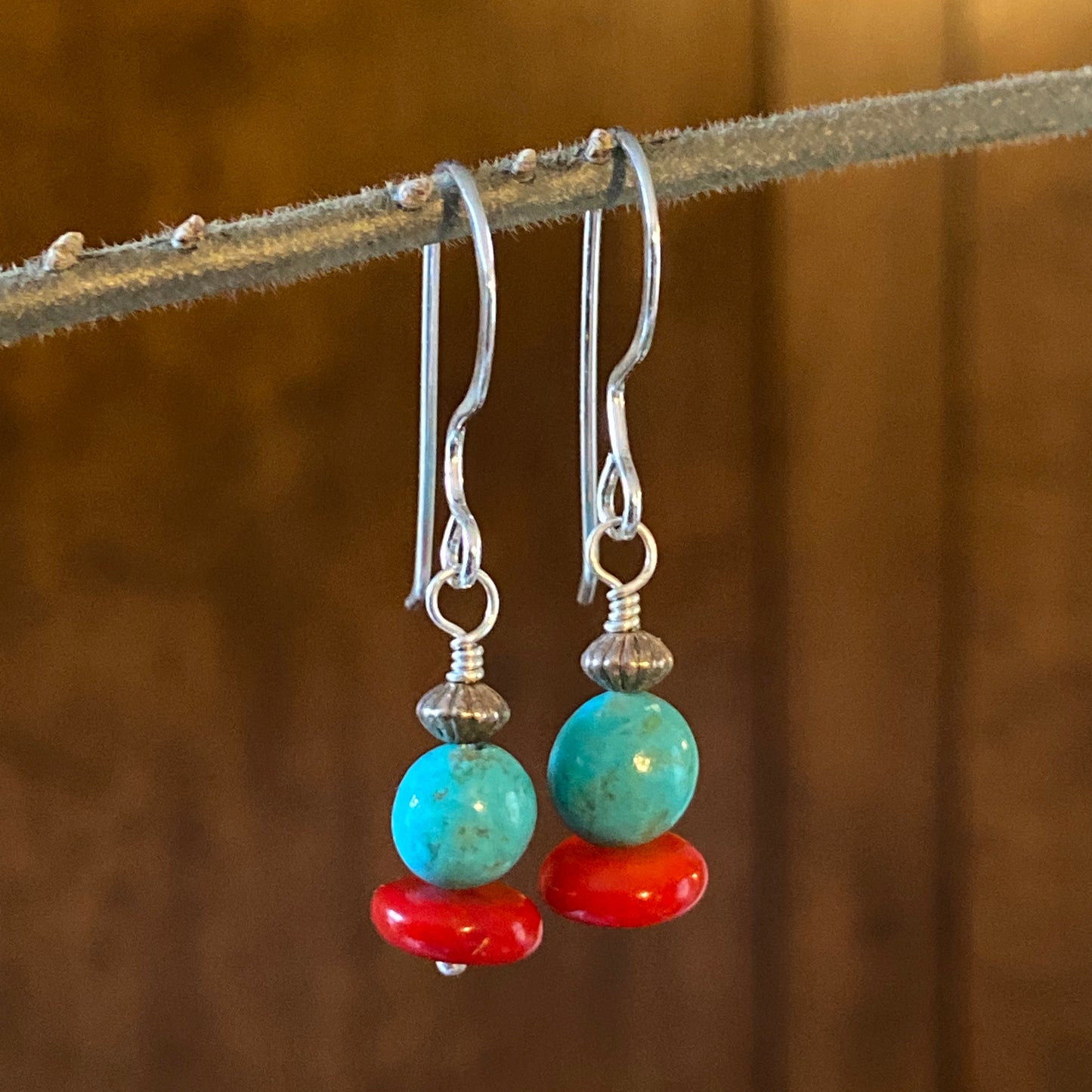 Red Coral & Kingman Turquoise Earrings on Sterling Silver All Handmade