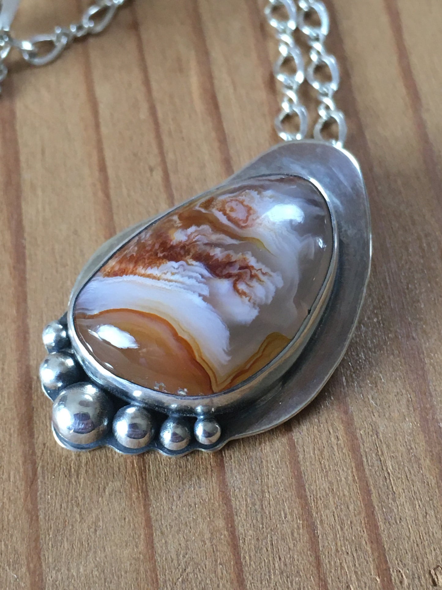 California Fire Agate Necklace With Silver Spheres on a 18" Sterling Chain