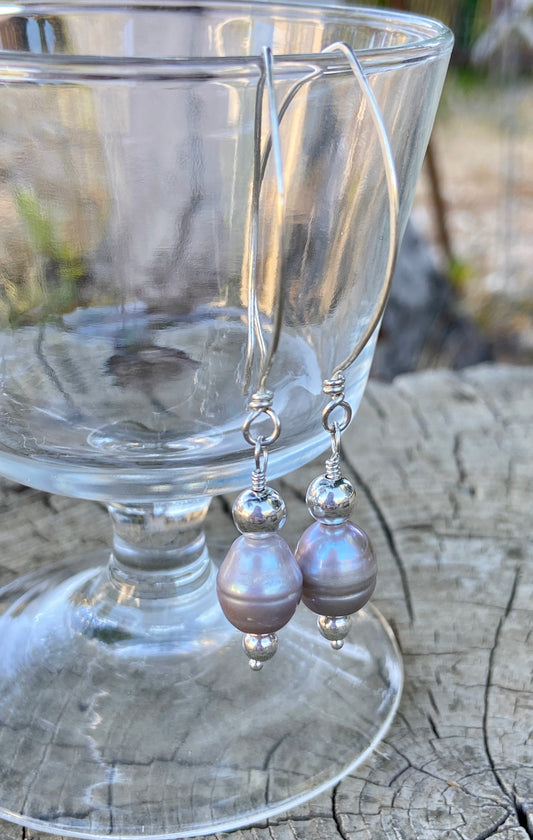 Blue pearls and Silver  on Almond Ear-wire Earrings