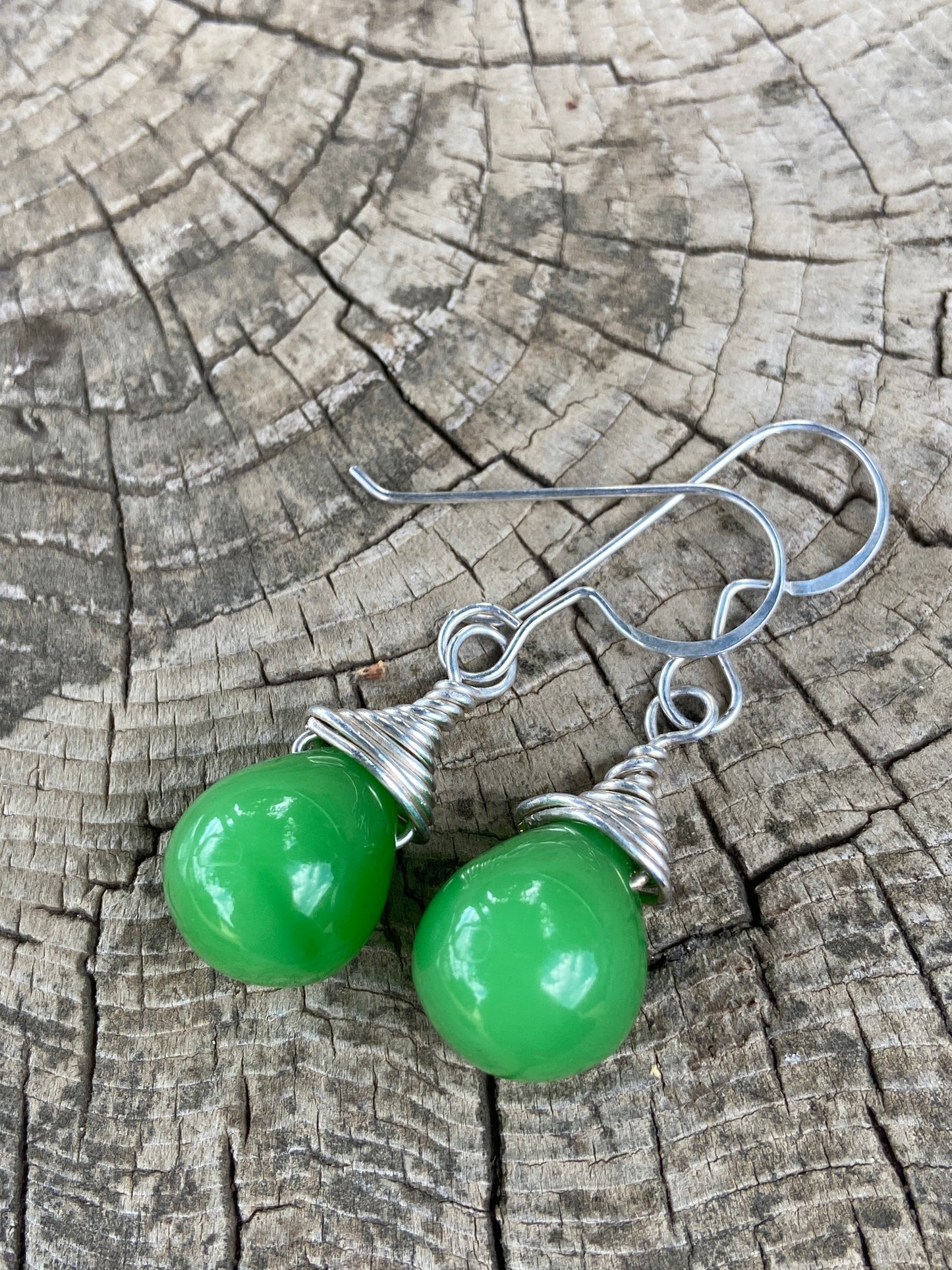 Apple Chrysoprase Wire Wrapped Earrings on Silver wire
