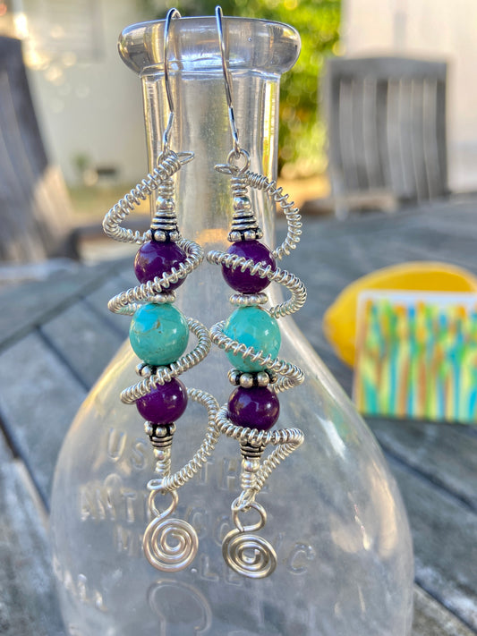 Abstract Swirly Sugilite & Turquoise Earrings on Silver Wire