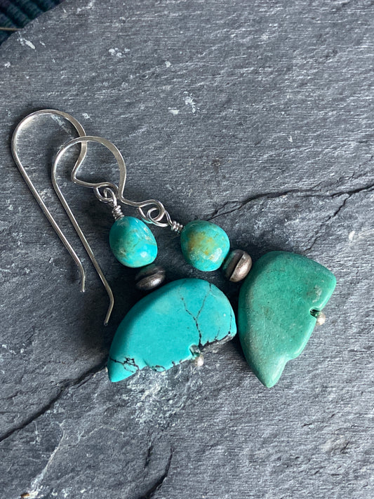 Turquoise Fetish Bear Earrings with  Kingman Turquoise beads on Silver wire All handmade